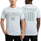 Custom White Green Geometric Shape Sports Sublimation Soccer Uniform Jersey worn front and back