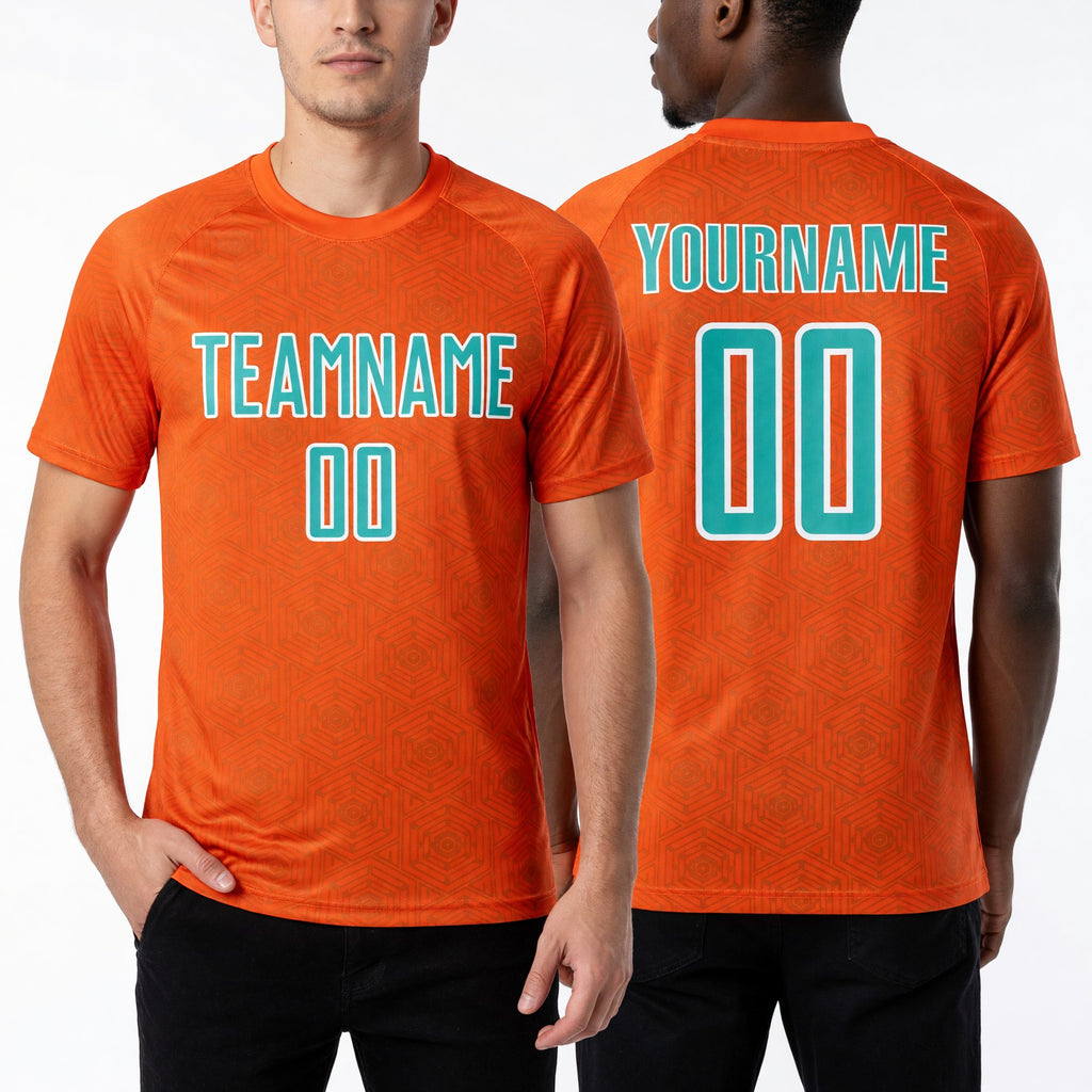 Custom Orange Aqua-White Geometric Shape Sports Sublimation Soccer Uniform Jersey worn front and back