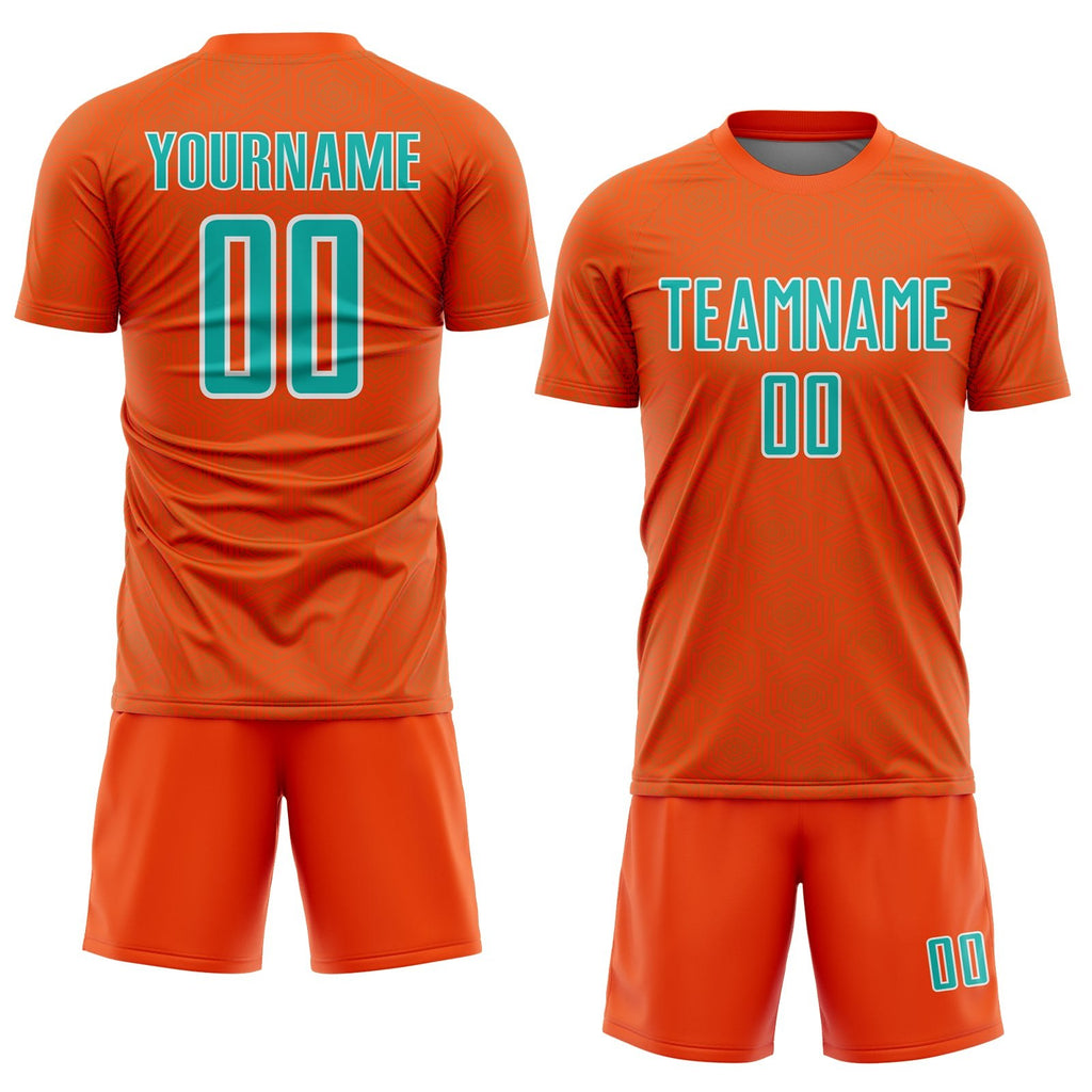Custom Orange Aqua-White Geometric Shape Sports Sublimation Soccer Uniform Jersey photo 2
