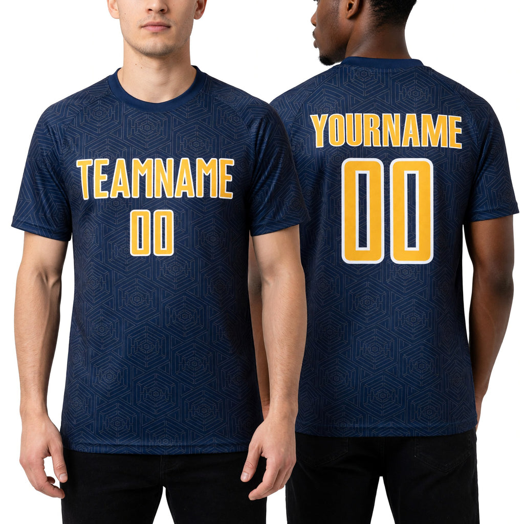 Custom Navy Gold-White Geometric Shape Sports Sublimation Soccer Uniform Jersey worn front and back