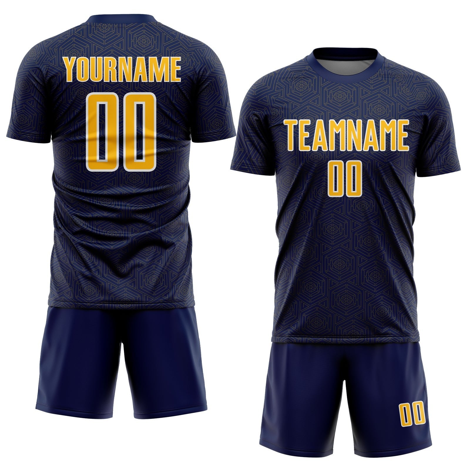 Custom Navy Gold-White Geometric Shape Sports Sublimation Soccer Uniform Jersey photo 2