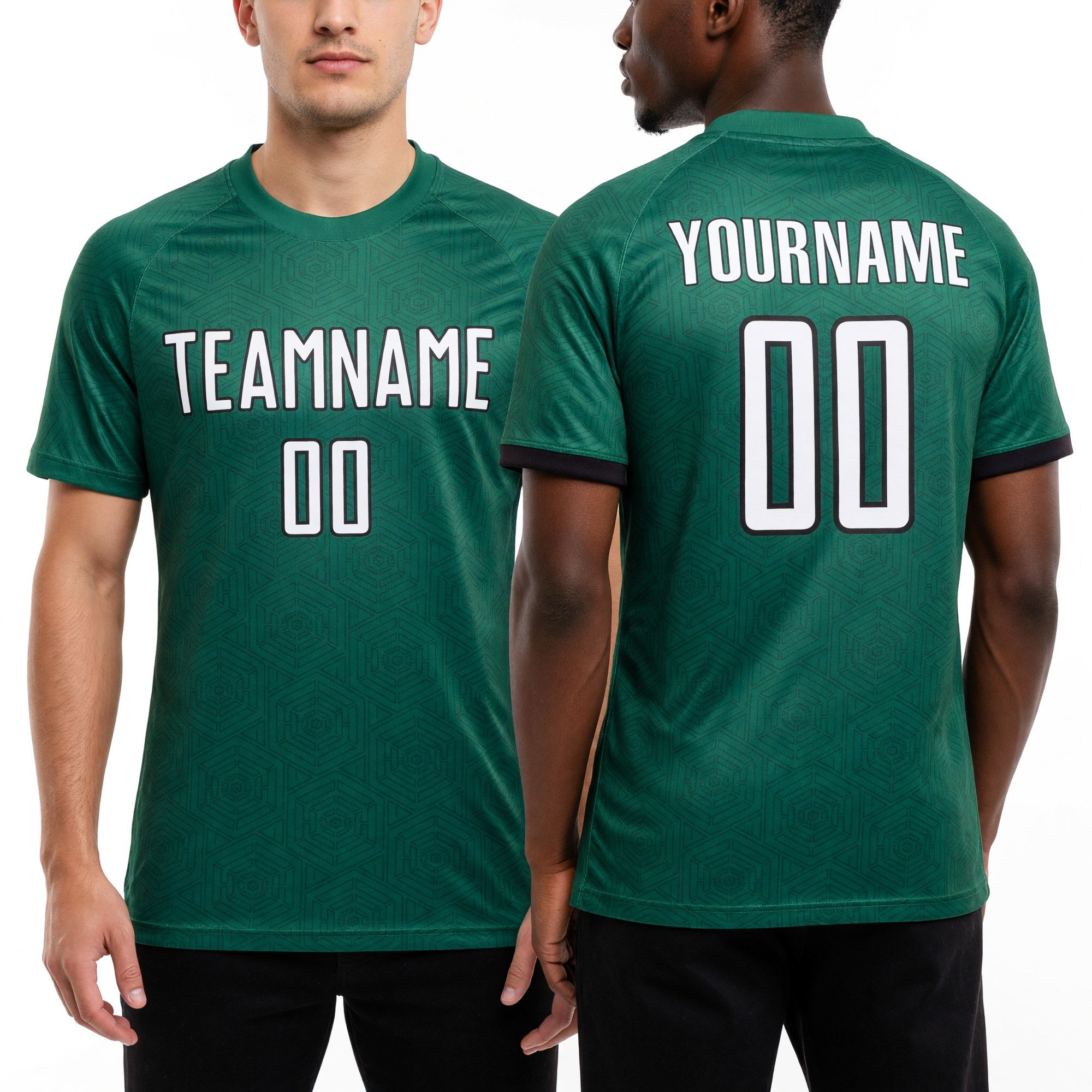 Custom Kelly Green White-Black Geometric Shape Sports Sublimation Soccer Uniform Jersey worn front and back