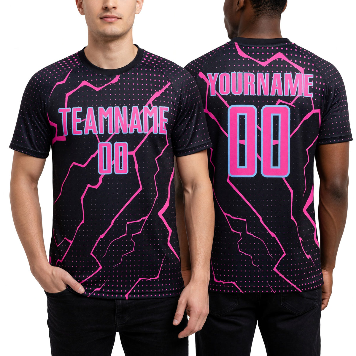 Custom Black Pink-Light Blue Lightning Sports Sublimation Soccer Uniform Jersey worn front and back