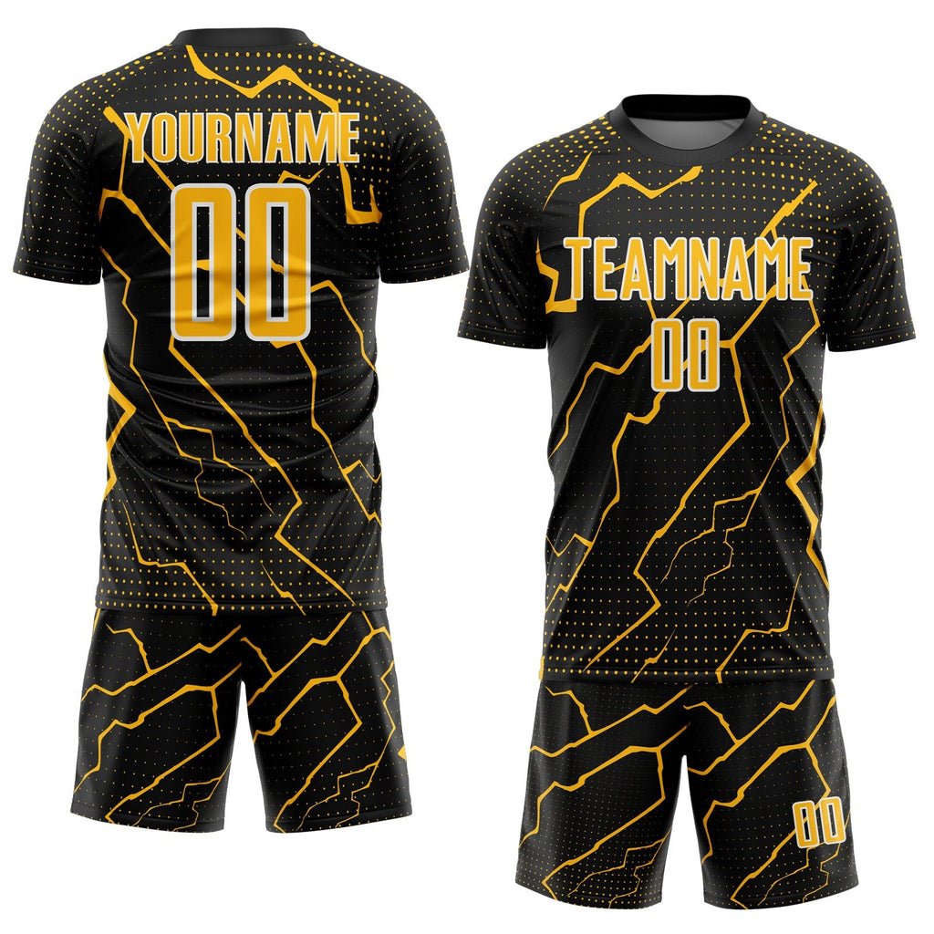 Custom Black Gold-White Lightning Sports Sublimation Soccer Uniform Jersey photo 2