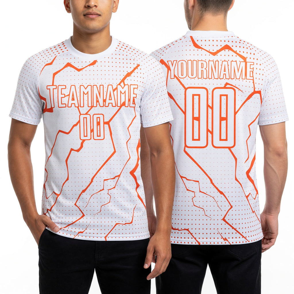 Custom White Orange Lightning Sports Sublimation Soccer Uniform Jersey worn front and back