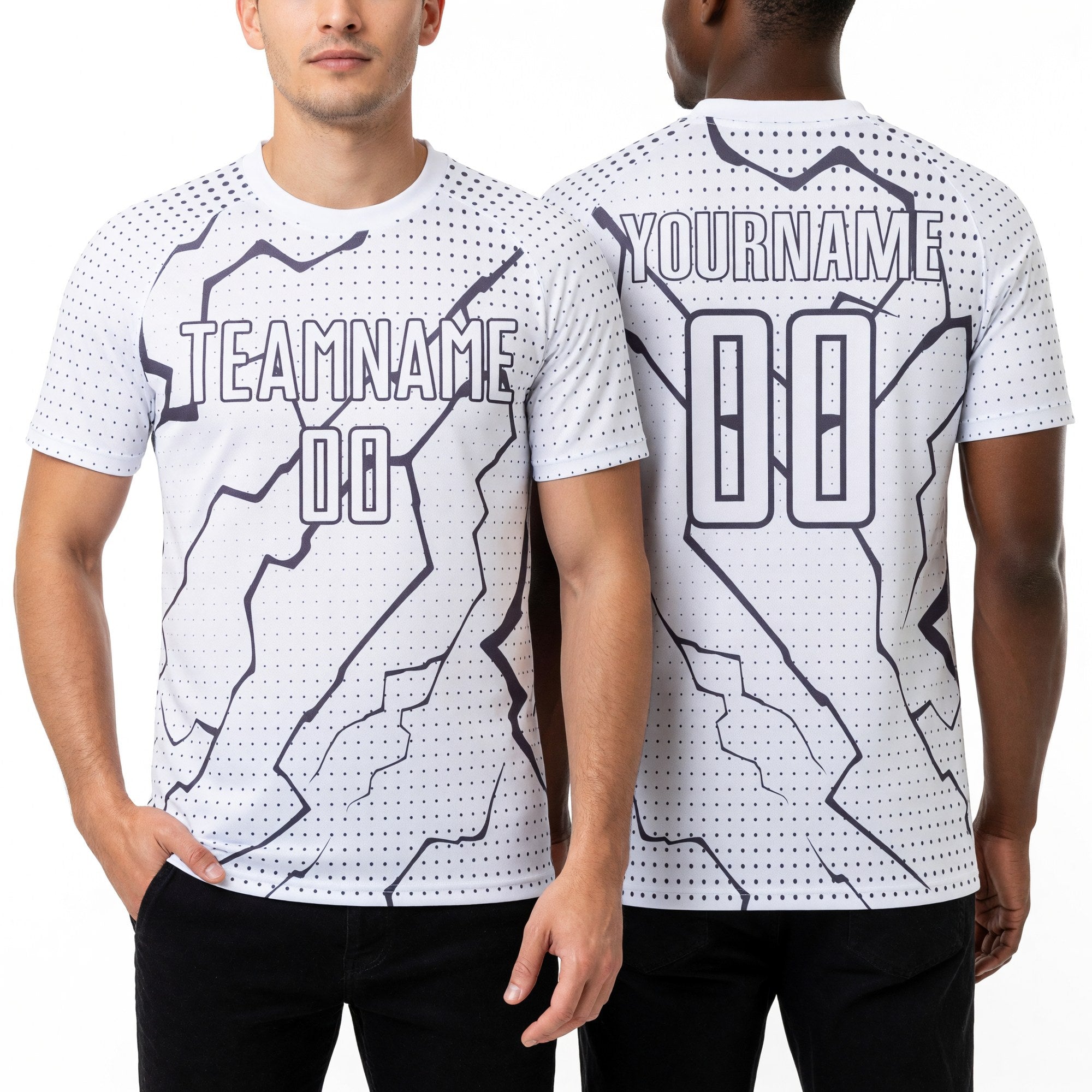 Custom White Steel Gray Lightning Sports Sublimation Soccer Uniform Jersey worn front and back