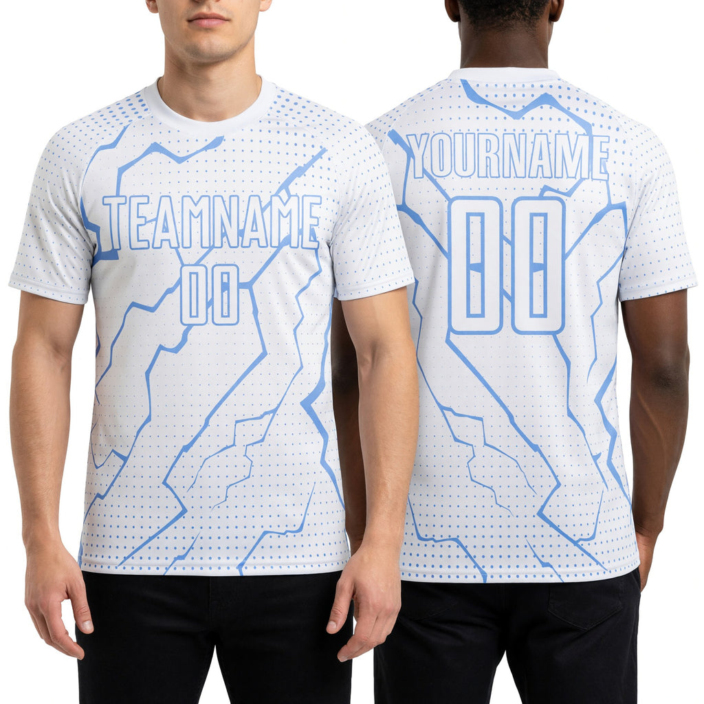 Custom White Light Blue Lightning Sports Sublimation Soccer Uniform Jersey worn front and back