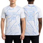 Custom White Light Blue Lightning Sports Sublimation Soccer Uniform Jersey worn front and back