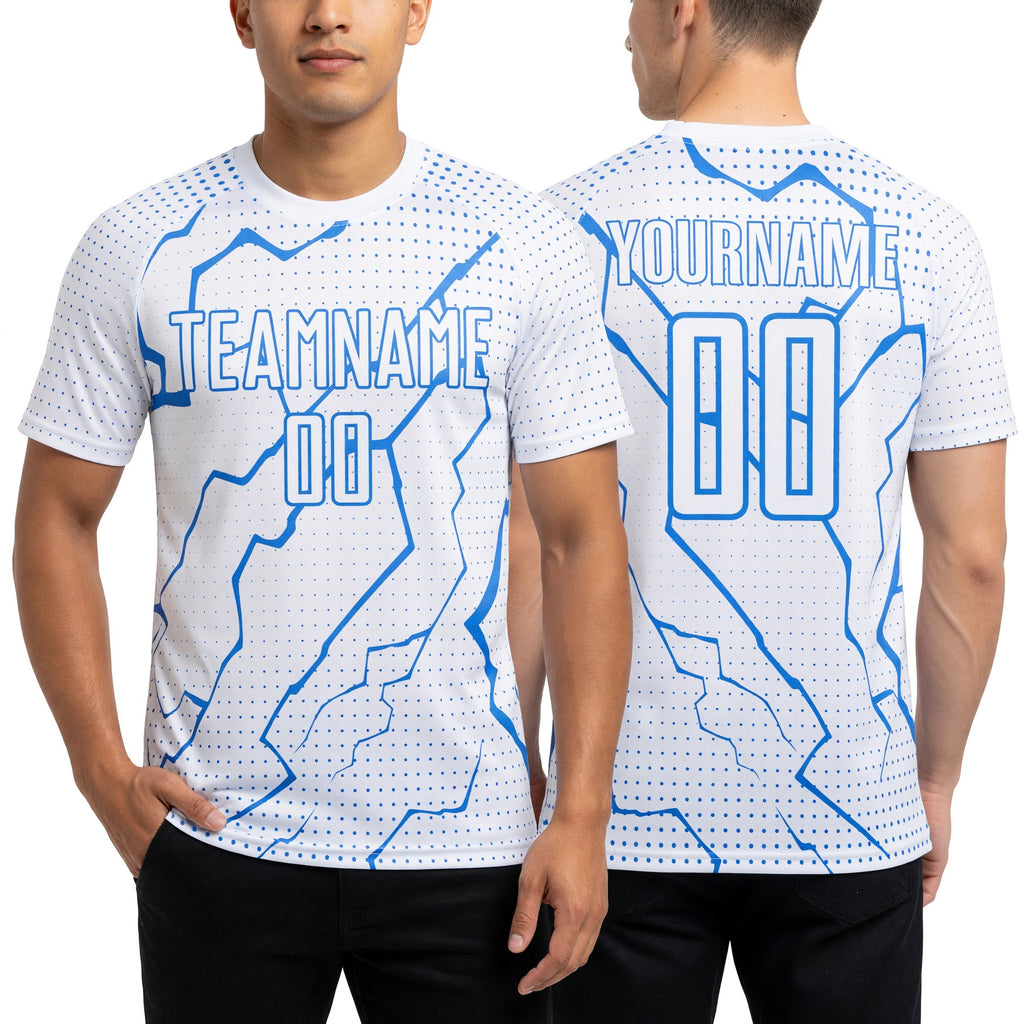 Custom White Powder Blue Lightning Sports Sublimation Soccer Uniform Jersey worn front and back