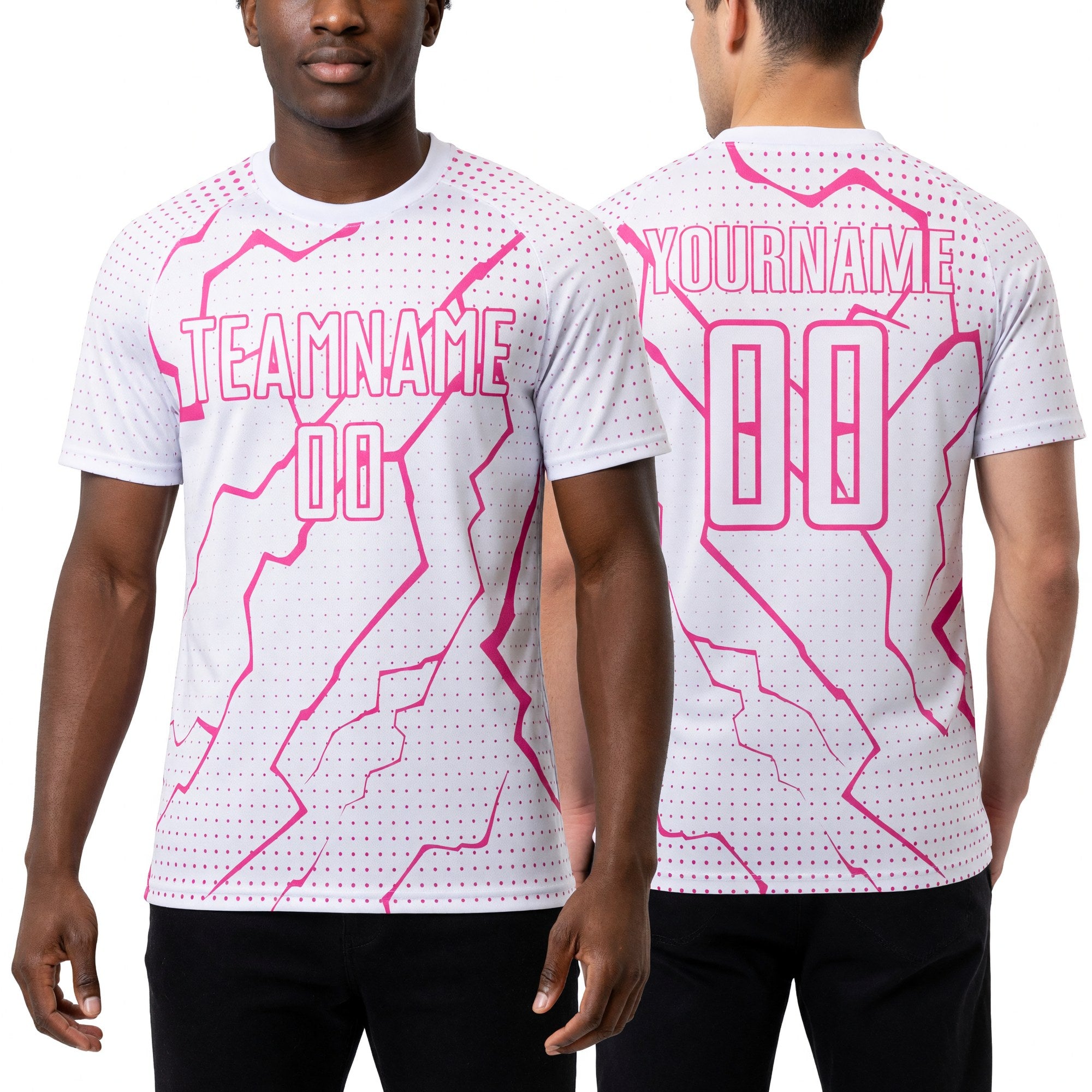 Custom White Pink Lightning Sports Sublimation Soccer Uniform Jersey worn front and back