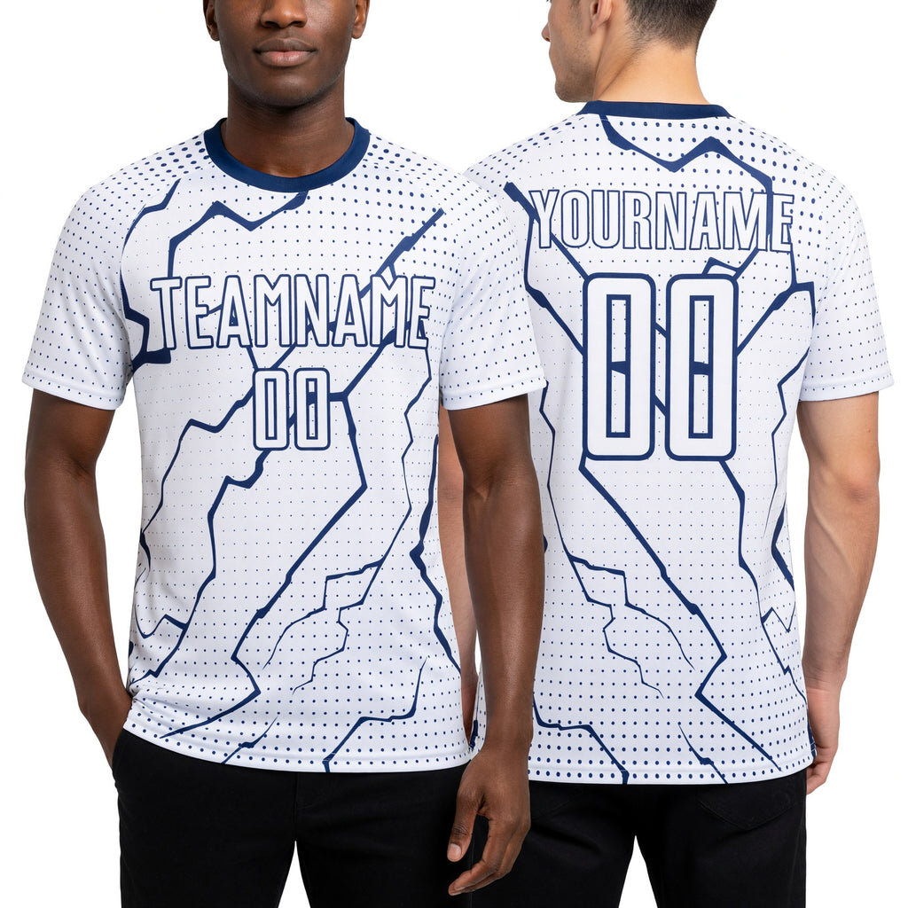 Custom White Navy Lightning Sports Sublimation Soccer Uniform Jersey worn front and back