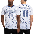 Custom White Navy Lightning Sports Sublimation Soccer Uniform Jersey worn front and back