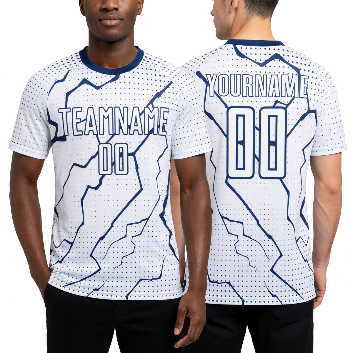 Custom White Navy Lightning Sports Sublimation Soccer Uniform Jersey worn front and back