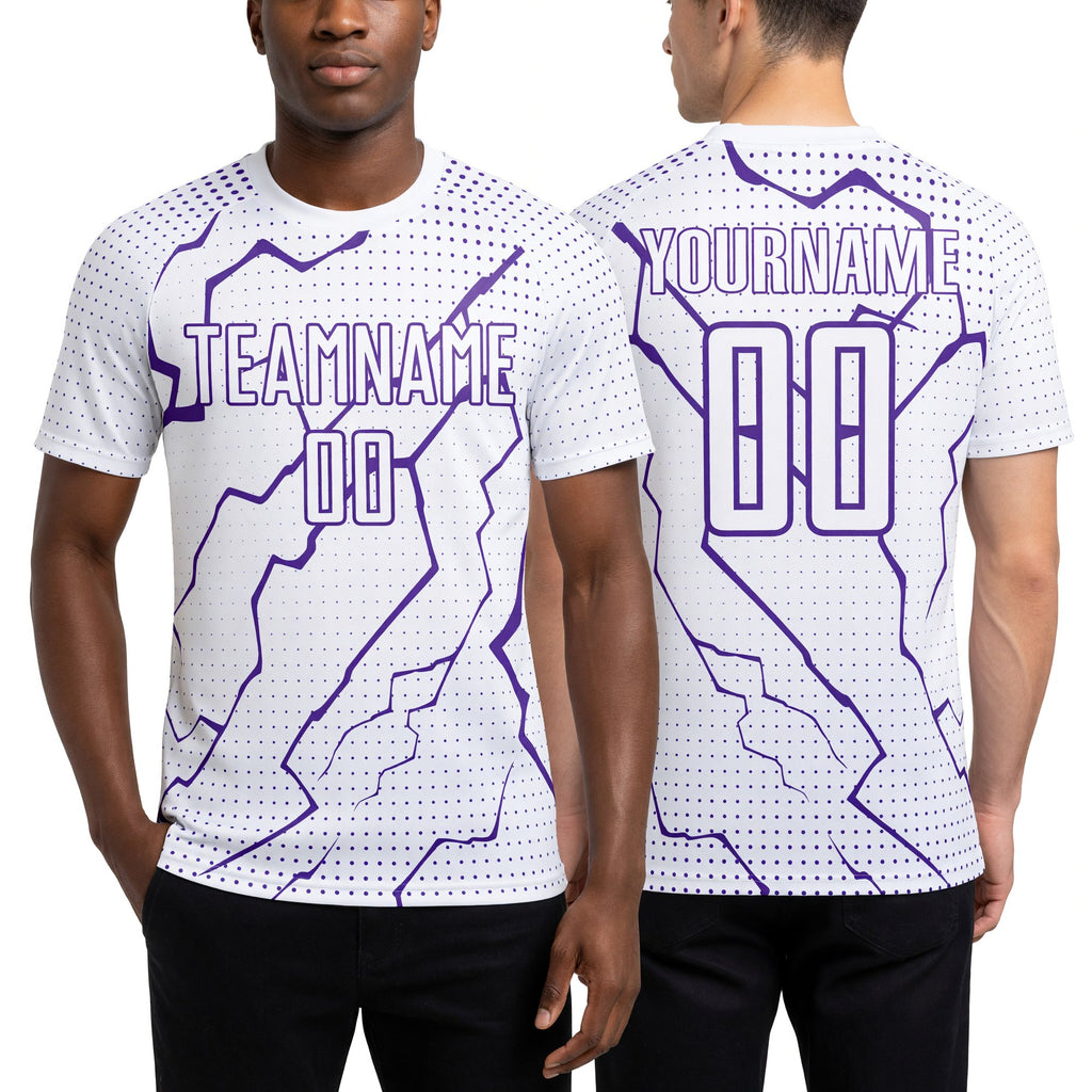 Custom White Purple Lightning Sports Sublimation Soccer Uniform Jersey worn front and back