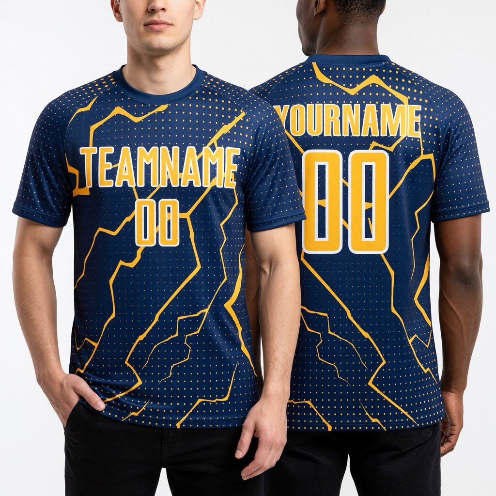 Custom Navy Gold-White Lightning Sports Sublimation Soccer Uniform Jersey worn front and back