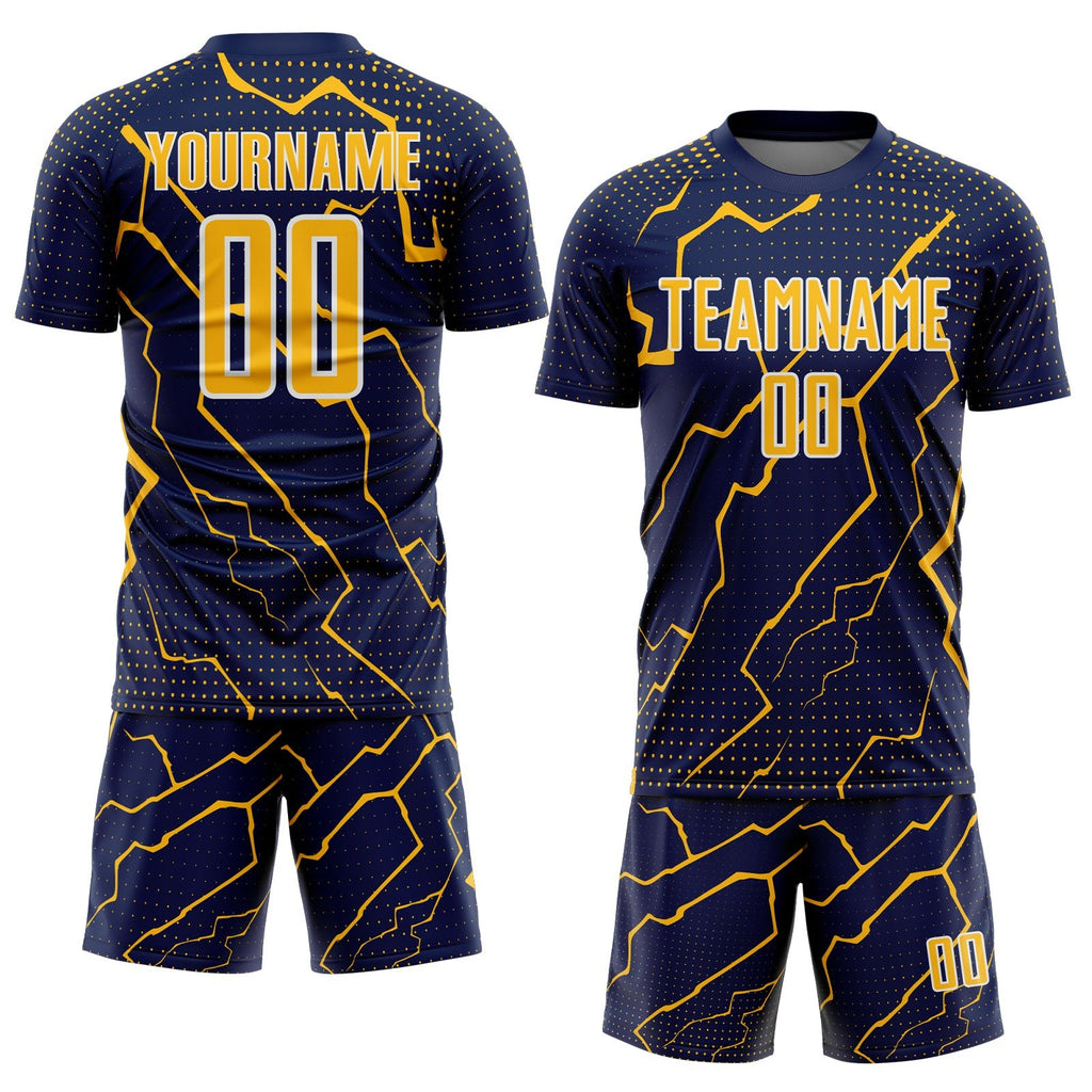 Custom Navy Gold-White Lightning Sports Sublimation Soccer Uniform Jersey photo 2