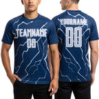 Custom Navy Silver-White Lightning Sports Sublimation Soccer Uniform Jersey worn front and back