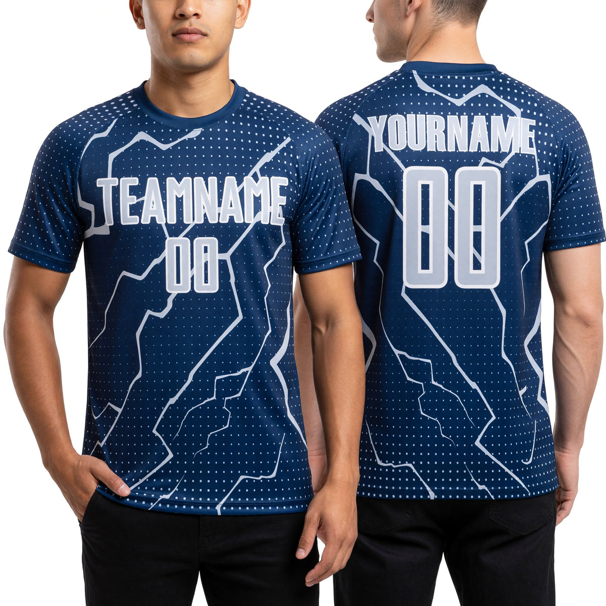 Custom Navy Silver-White Lightning Sports Sublimation Soccer Uniform Jersey worn front and back