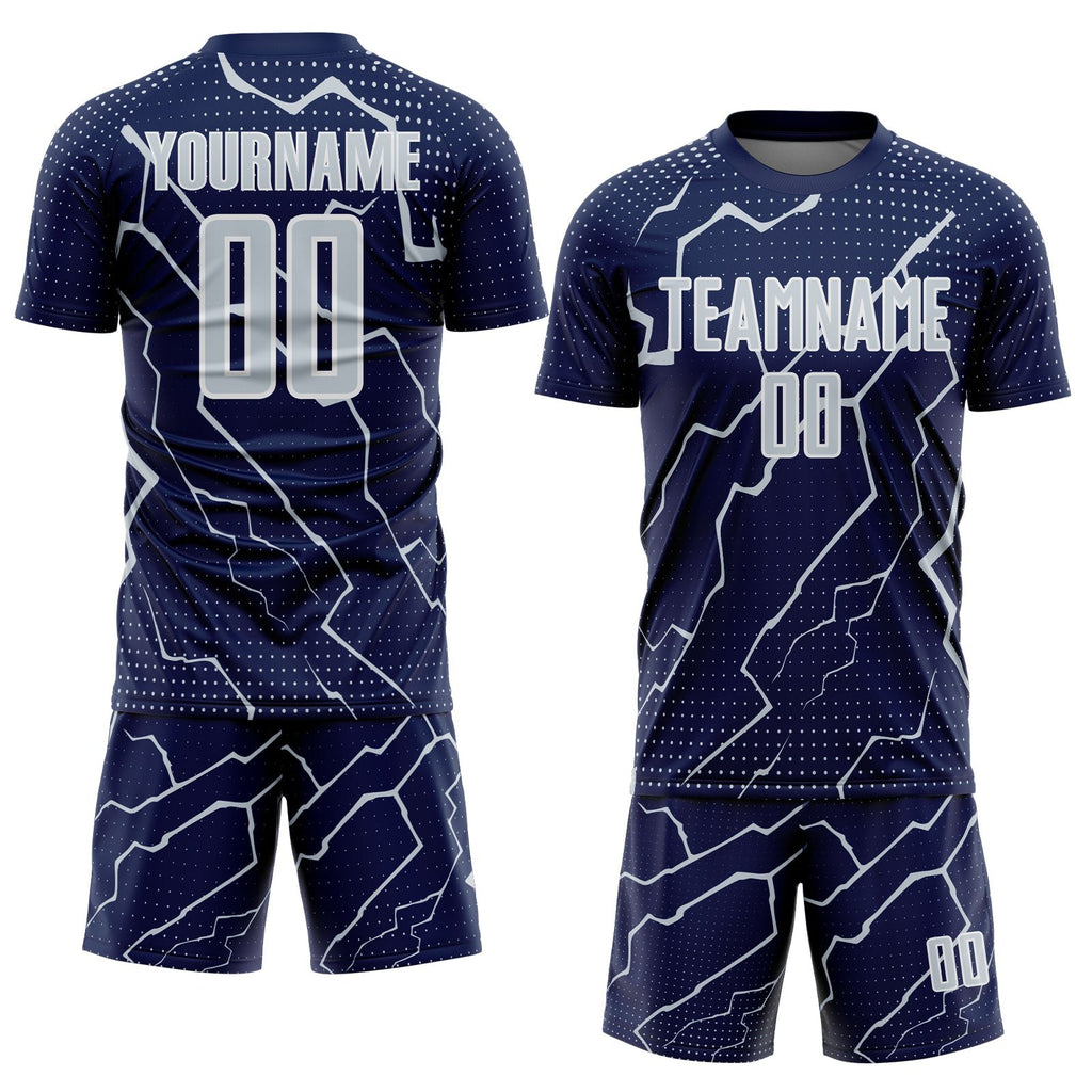 Custom Navy Silver-White Lightning Sports Sublimation Soccer Uniform Jersey photo 2