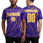 Custom Purple Gold-White Lightning Sports Sublimation Soccer Uniform Jersey worn front and back