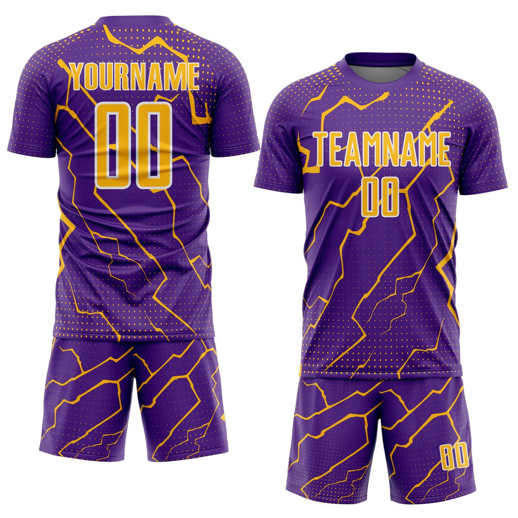 Custom Purple Gold-White Lightning Sports Sublimation Soccer Uniform Jersey photo 2