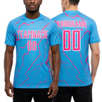 Custom Sky Blue Pink-White Lightning Sports Sublimation Soccer Uniform Jersey worn front and back
