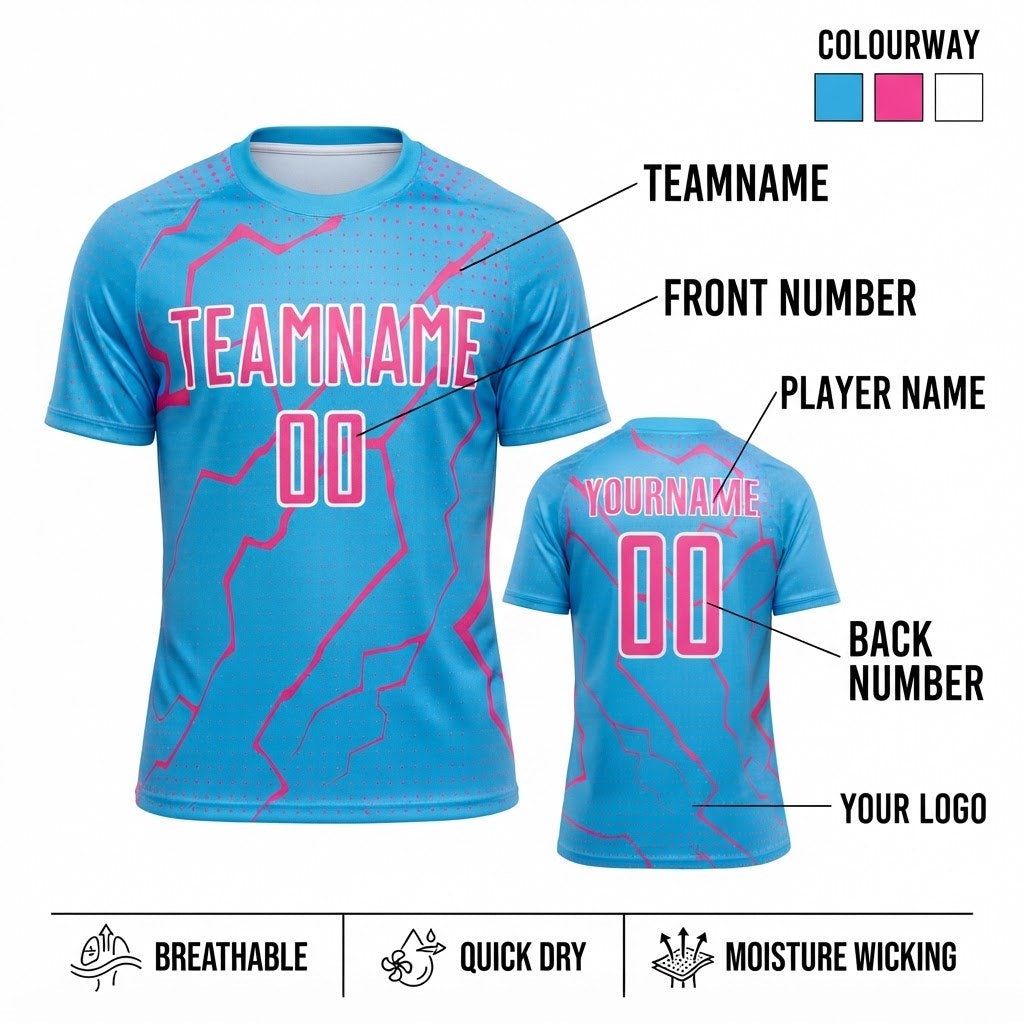 Custom Sky Blue Lightning Sublimated Soccer Jersey with Pink and White Lettering customization guide