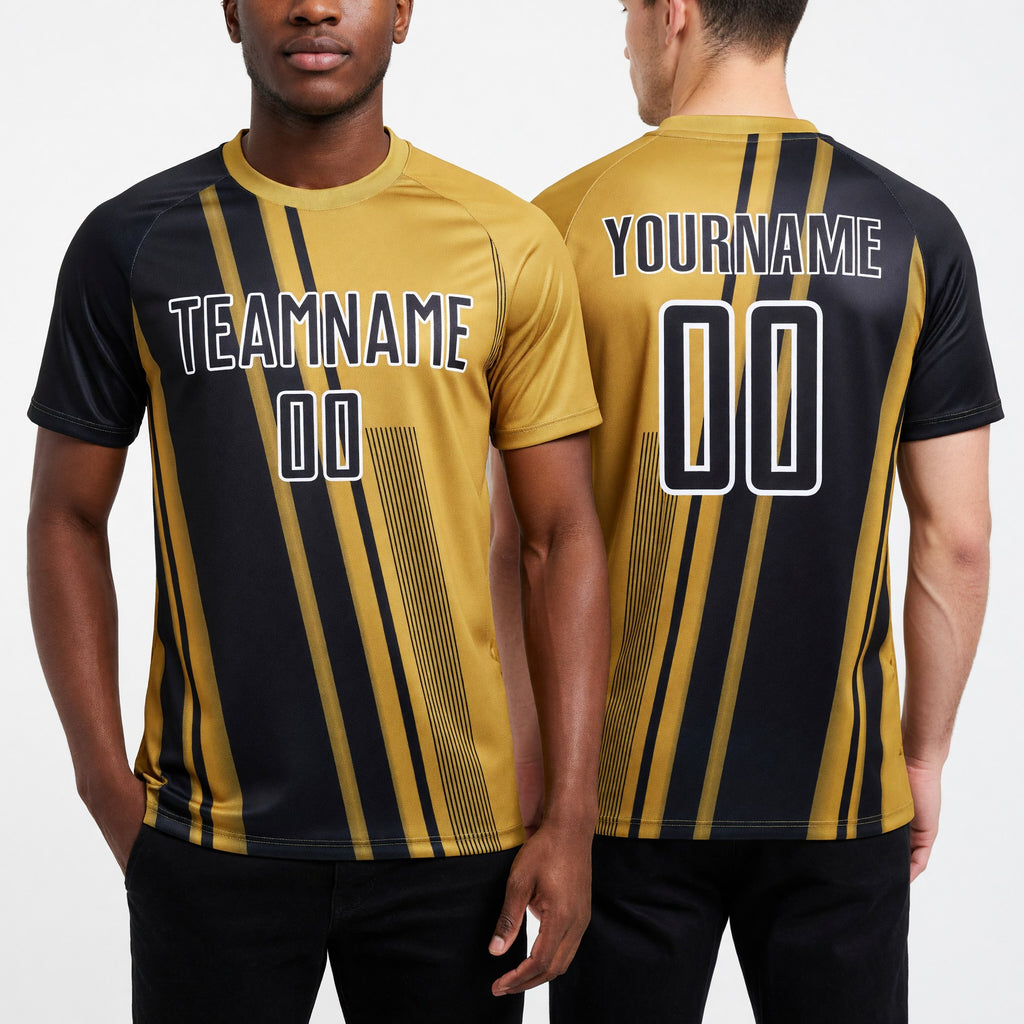 Custom Old Gold Black-White Lines Sports Sublimation Soccer Uniform Jersey worn front and back