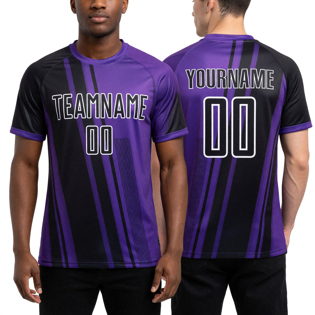 Custom Purple Black-White Lines Sports Sublimation Soccer Uniform Jersey worn front and back