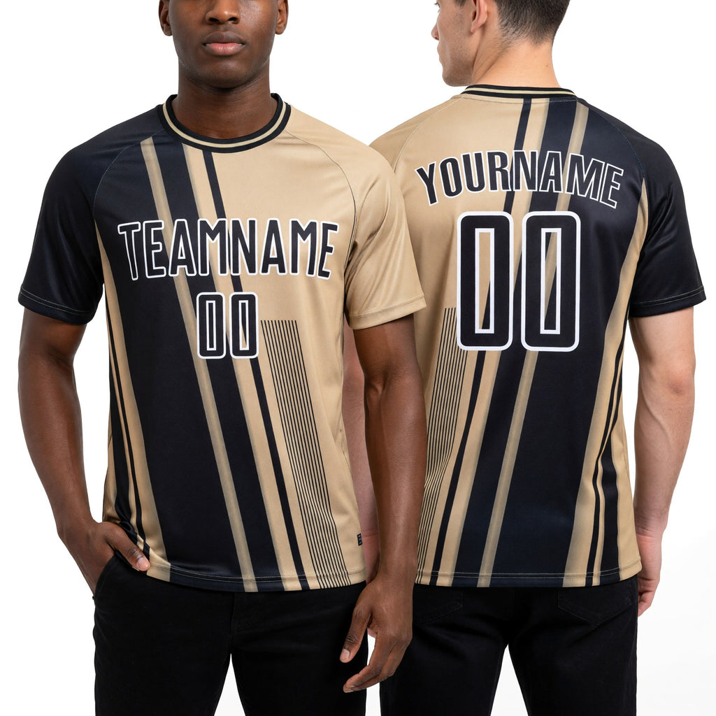Custom Vegas Gold Black-White Lines Sports Sublimation Soccer Uniform Jersey worn front and back