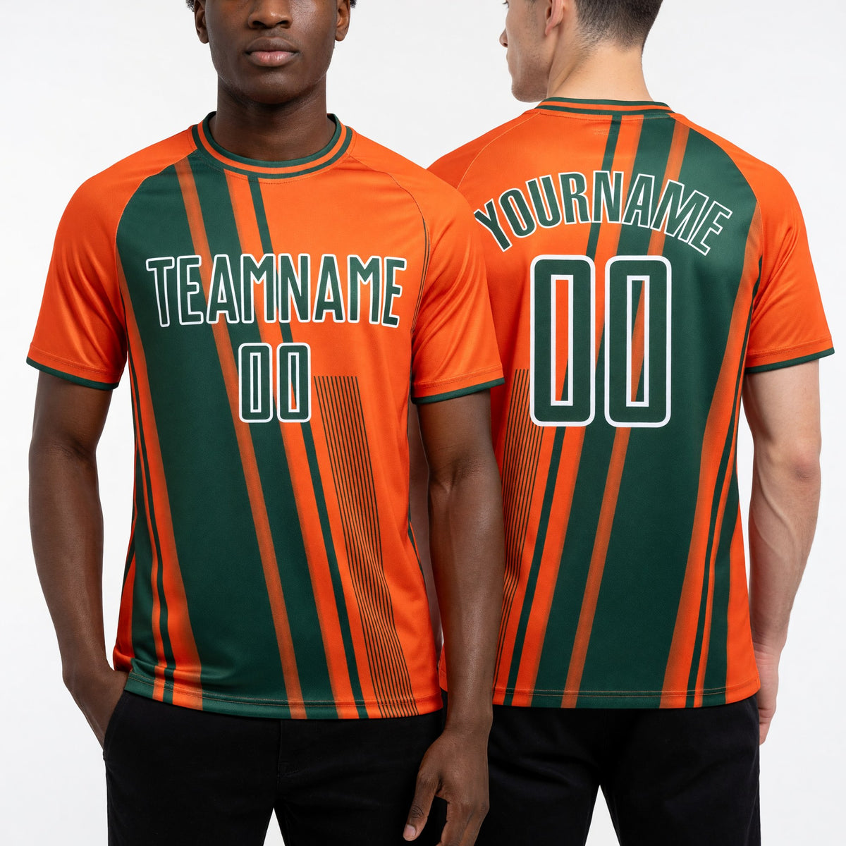 Custom Orange Green-White Lines Sports Sublimation Soccer Uniform Jersey worn front and back