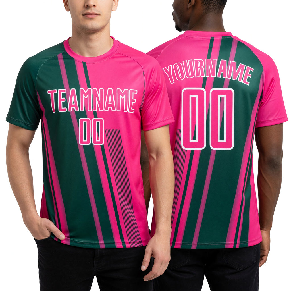 Custom Pink Kelly Green-White Lines Sports Sublimation Soccer Uniform Jersey worn front and back