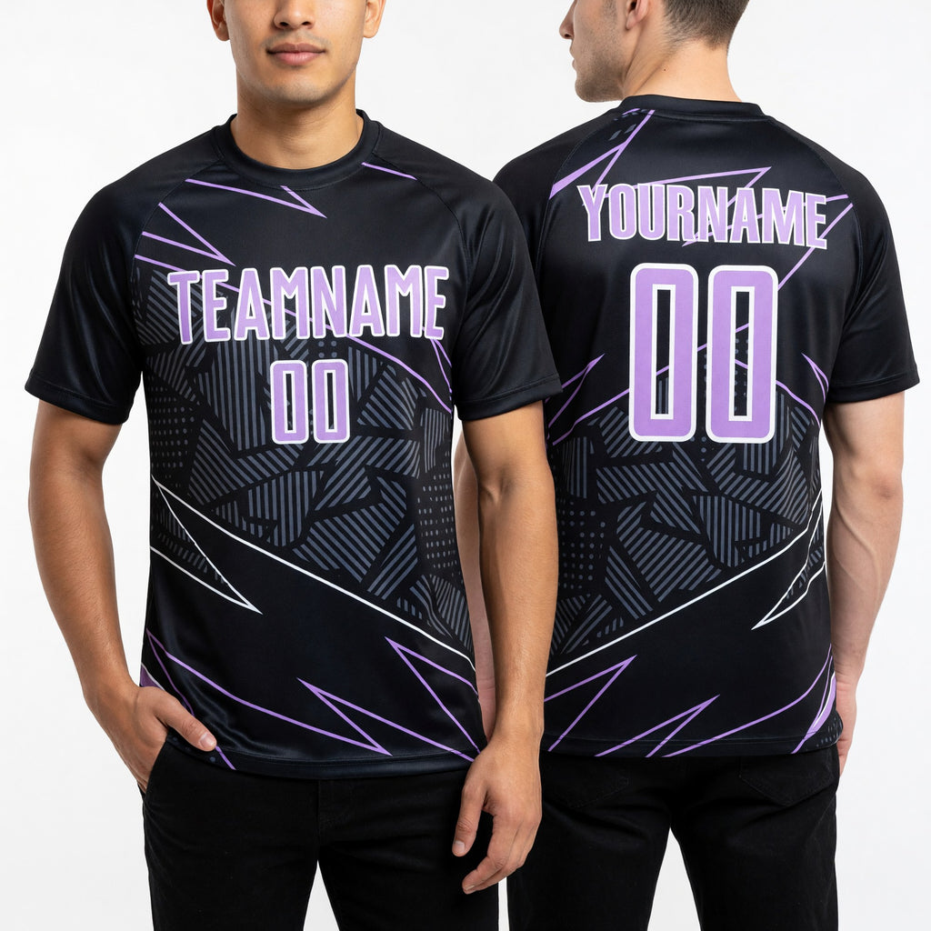 Custom Black Light Purple-White Lines Sports Sublimation Soccer Uniform Jersey worn front and back