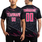 Custom Black Neon Pink-White Lines Sports Sublimation Soccer Uniform Jersey worn front and back