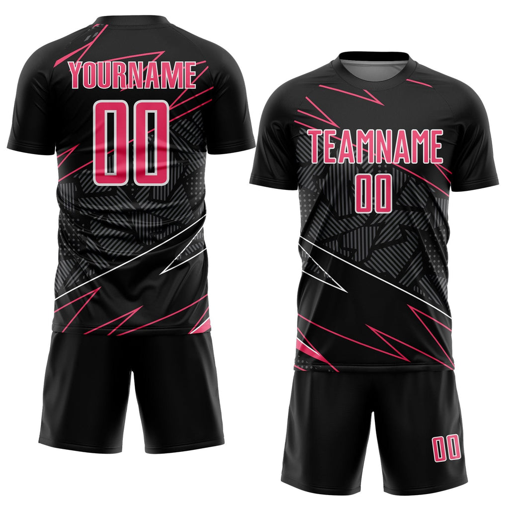 Custom Black Neon Pink-White Lines Sports Sublimation Soccer Uniform Jersey photo 2
