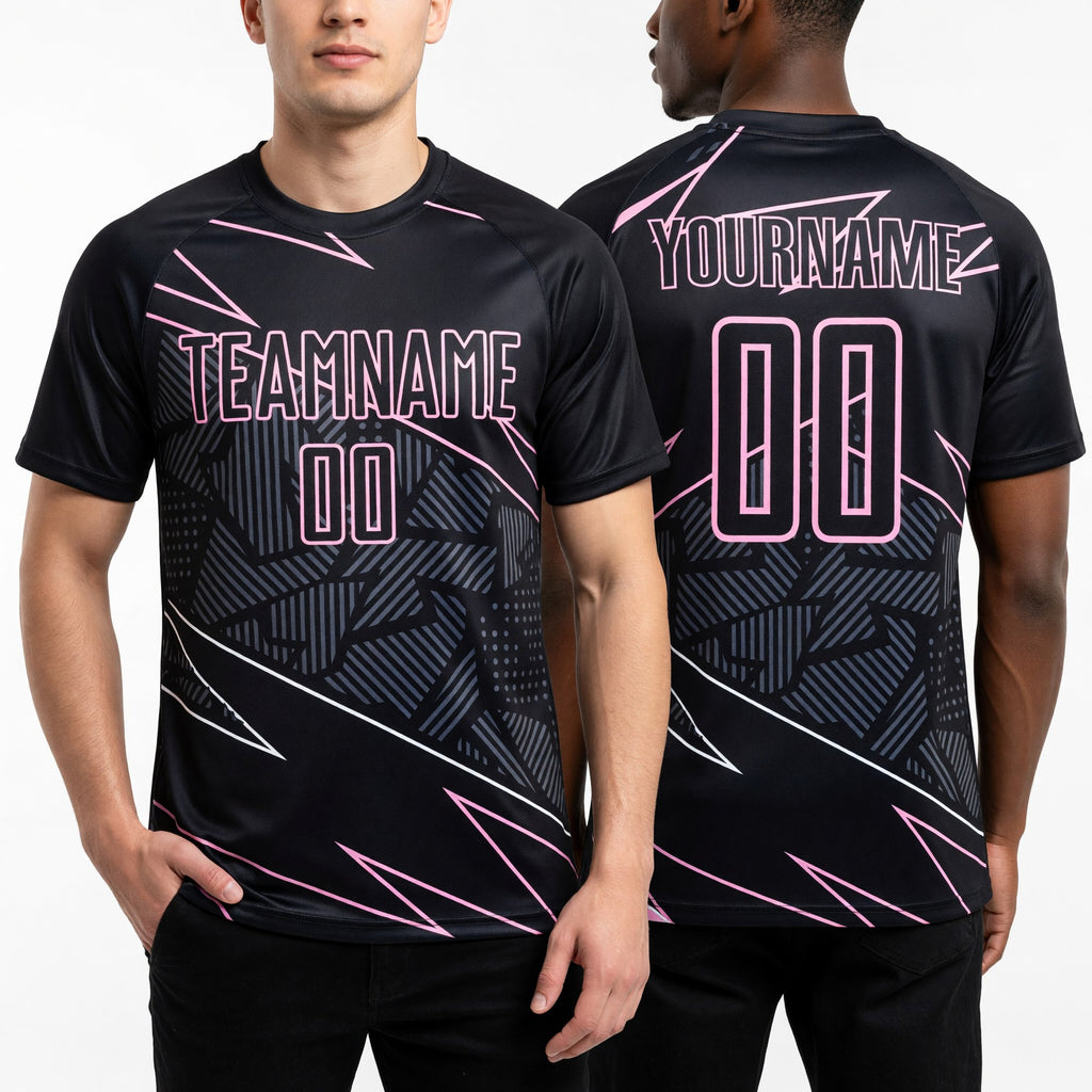Custom Black Light Pink Lines Sports Sublimation Soccer Uniform Jersey worn front and back