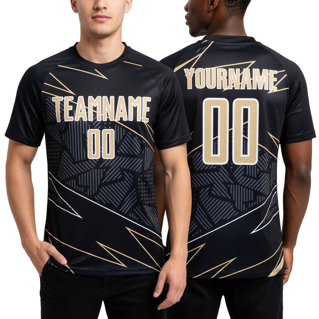 Custom Black Vegas Gold-White Lines Sports Sublimation Soccer Uniform Jersey worn front and back