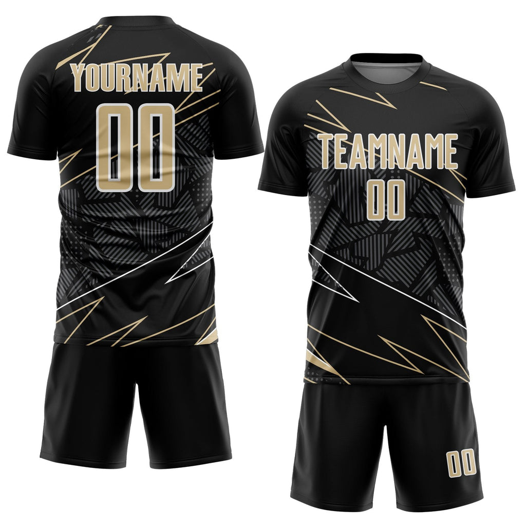 Custom Black Vegas Gold-White Lines Sports Sublimation Soccer Uniform Jersey photo 2