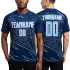 Custom Navy Light Blue-White Lines Sports Sublimation Soccer Uniform Jersey worn front and back