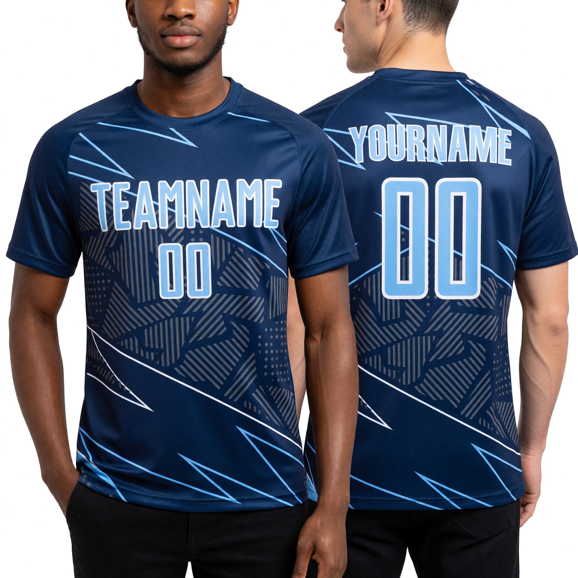 Custom Navy Light Blue-White Lines Sports Sublimation Soccer Uniform Jersey worn front and back
