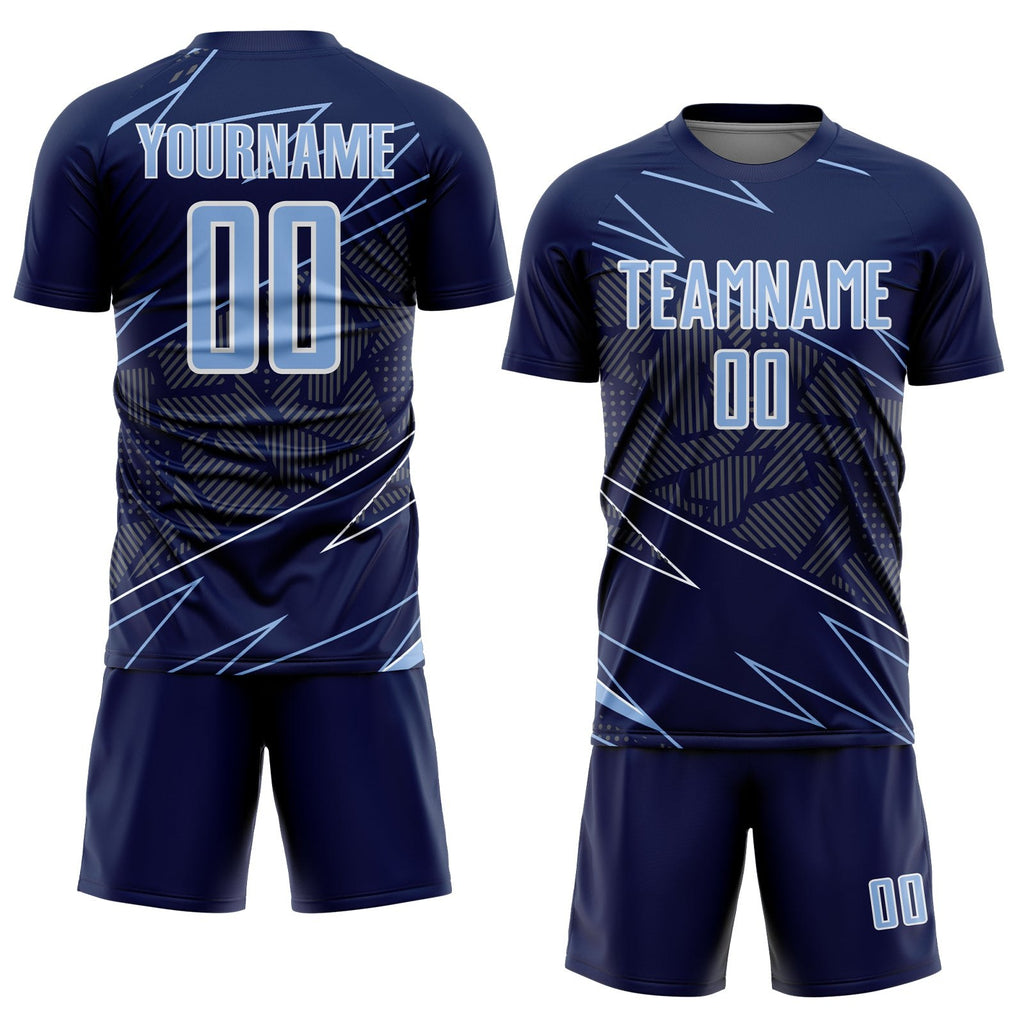 Custom Navy Light Blue-White Lines Sports Sublimation Soccer Uniform Jersey photo 2