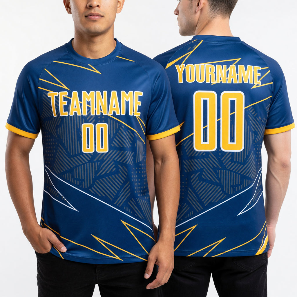 Custom Royal Yellow-White Lines Sports Sublimation Soccer Uniform Jersey worn front and back
