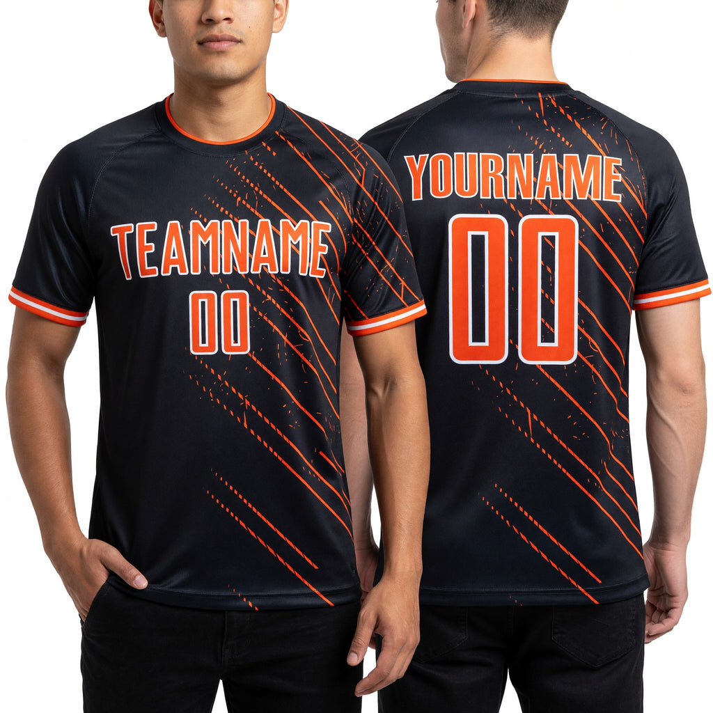 Custom Black Orange-White Lines Sports Sublimation Soccer Uniform Jersey worn front and back