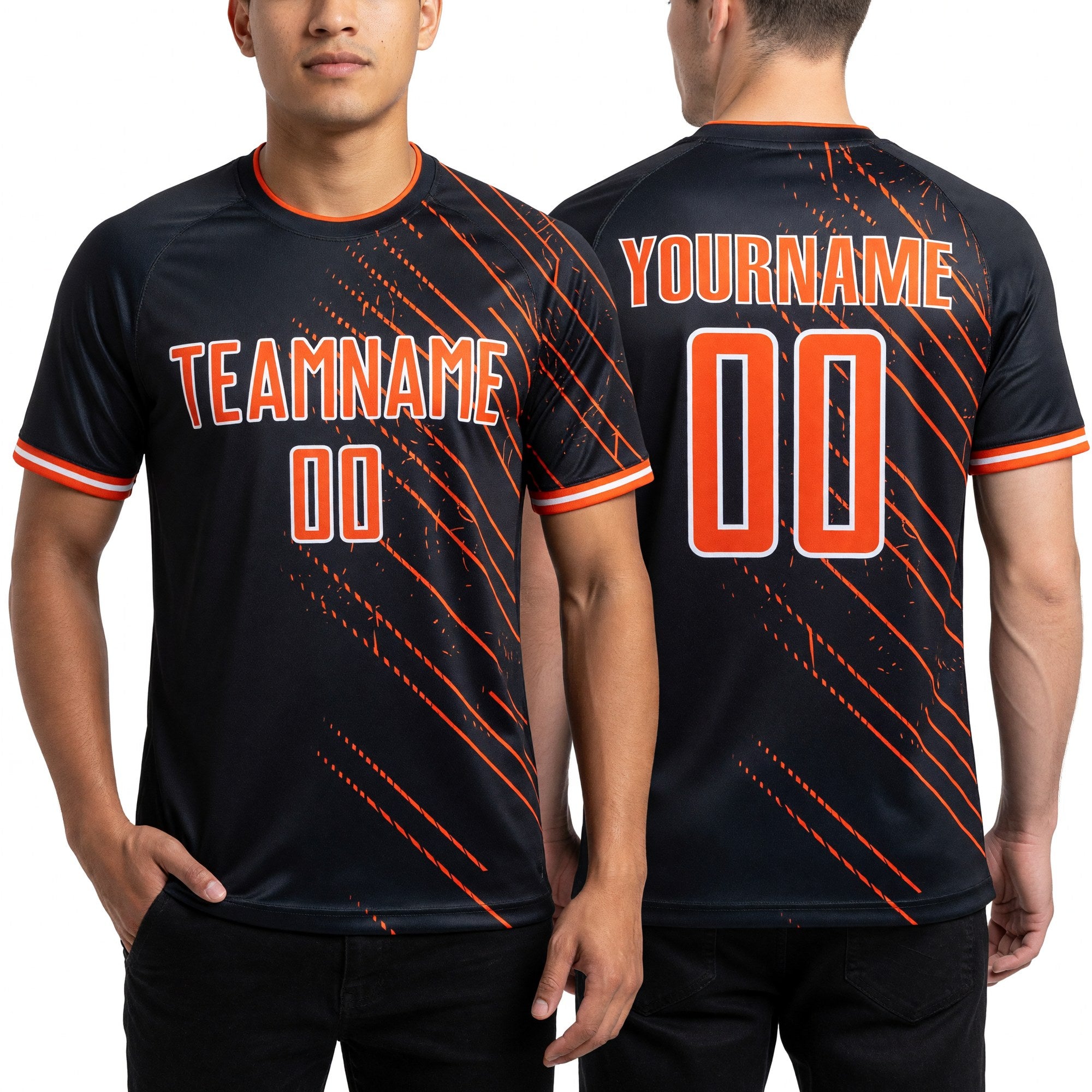 Custom Black Orange-White Lines Sports Sublimation Soccer Uniform Jersey worn front and back