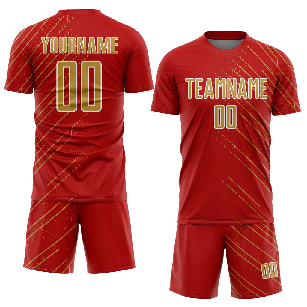 Custom Red Old Gold-White Lines Sports Sublimation Soccer Uniform Jersey photo 2