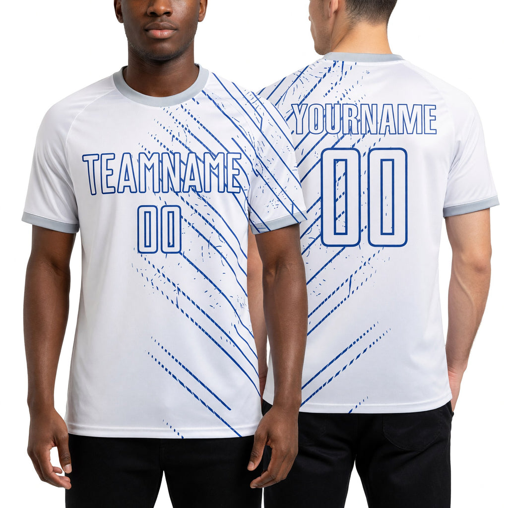 Custom White Royal Lines Sports Sublimation Soccer Uniform Jersey worn front and back