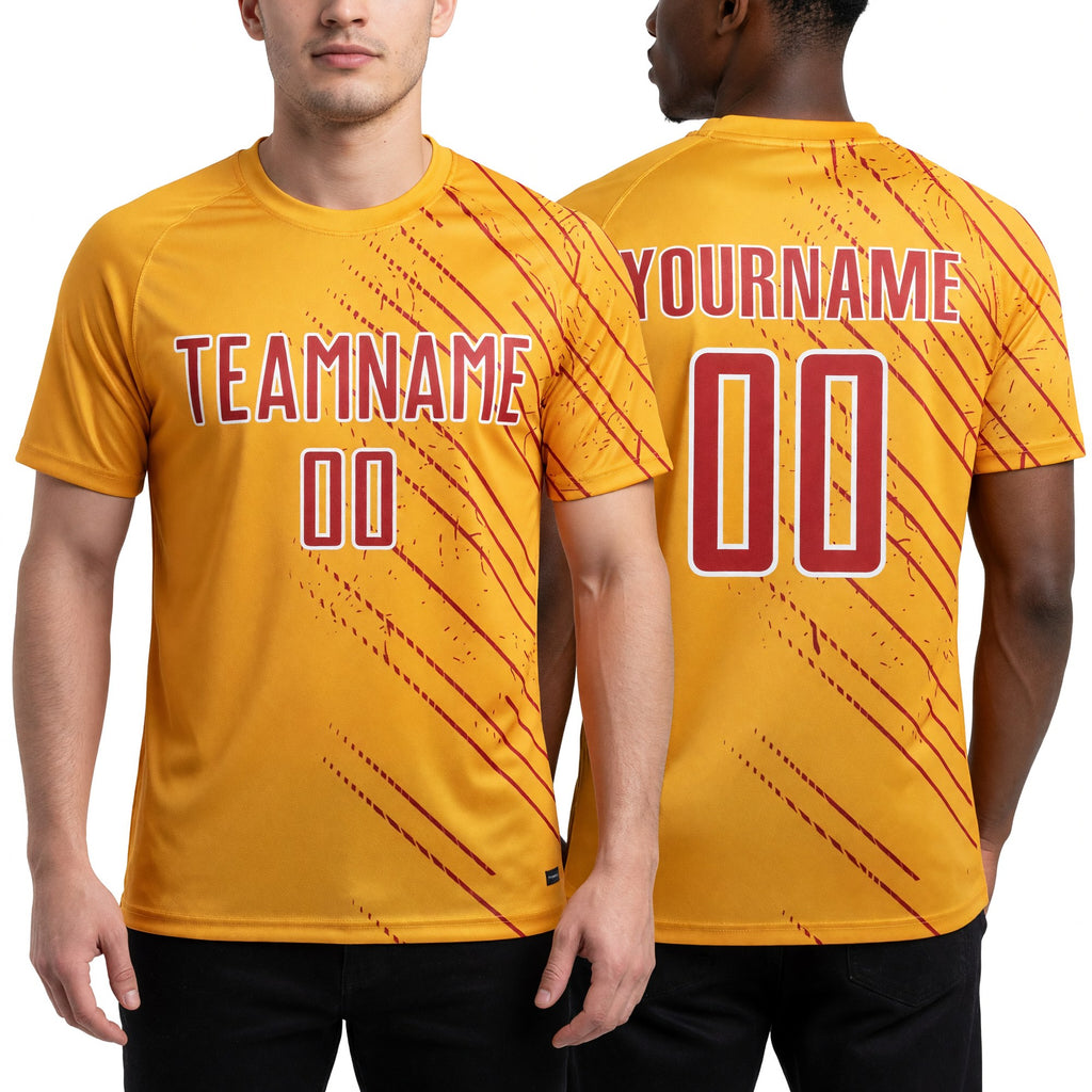 Custom Gold Red-White Lines Sports Sublimation Soccer Uniform Jersey worn front and back