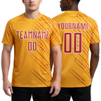 Custom Gold Red-White Lines Sports Sublimation Soccer Uniform Jersey worn front and back
