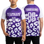 Custom White Purple Animal Leopard Print Sports Sublimation Soccer Uniform Jersey worn front and back