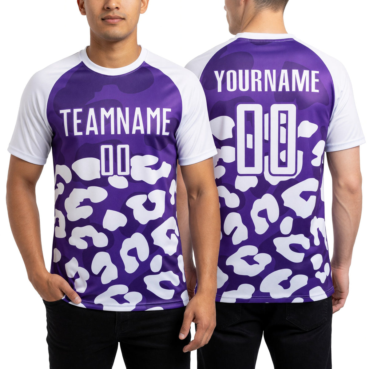 Custom White Purple Animal Leopard Print Sports Sublimation Soccer Uniform Jersey worn front and back